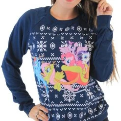 Mighty Fine My Little Pony Group Sleigh Ride Snowflakes Juniors Navy Sweatshirt Sweaters & Sweatshirts