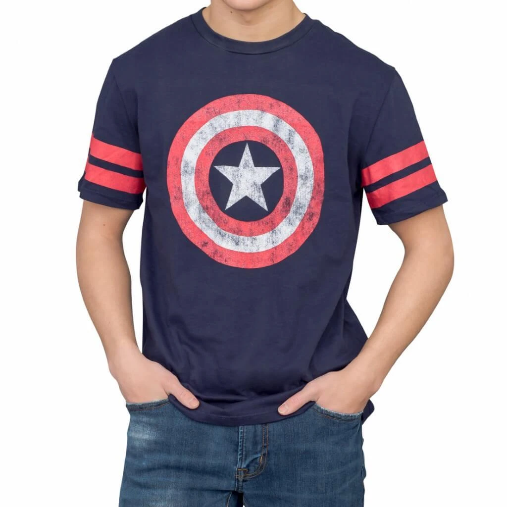 Trevco Captain America Distressed Shield Striped Sleeves T-shirt 1 Trevco Captain America Distressed Shield Striped Sleeves T-shirt