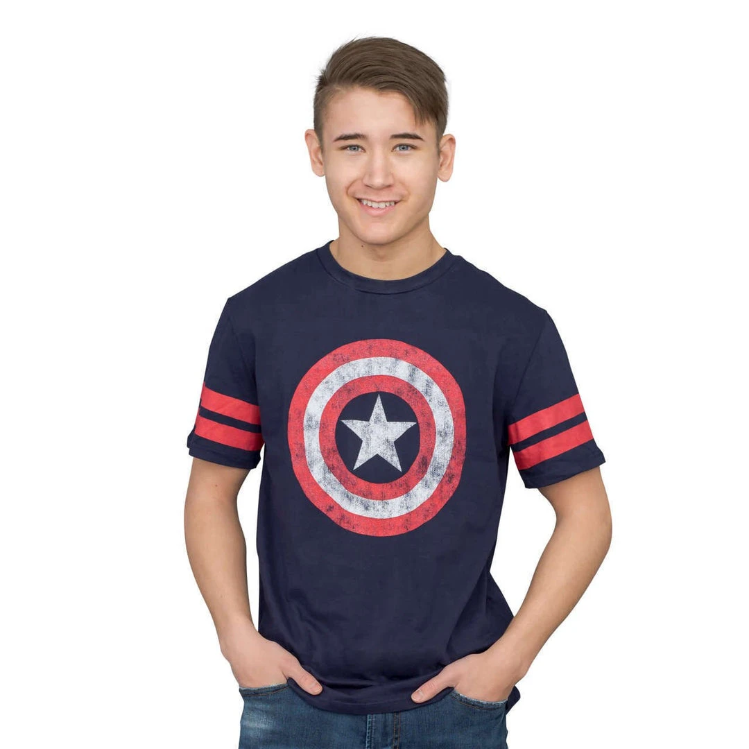 Trevco Captain America Distressed Shield Striped Sleeves T-shirt 2 Trevco Captain America Distressed Shield Striped Sleeves T-shirt