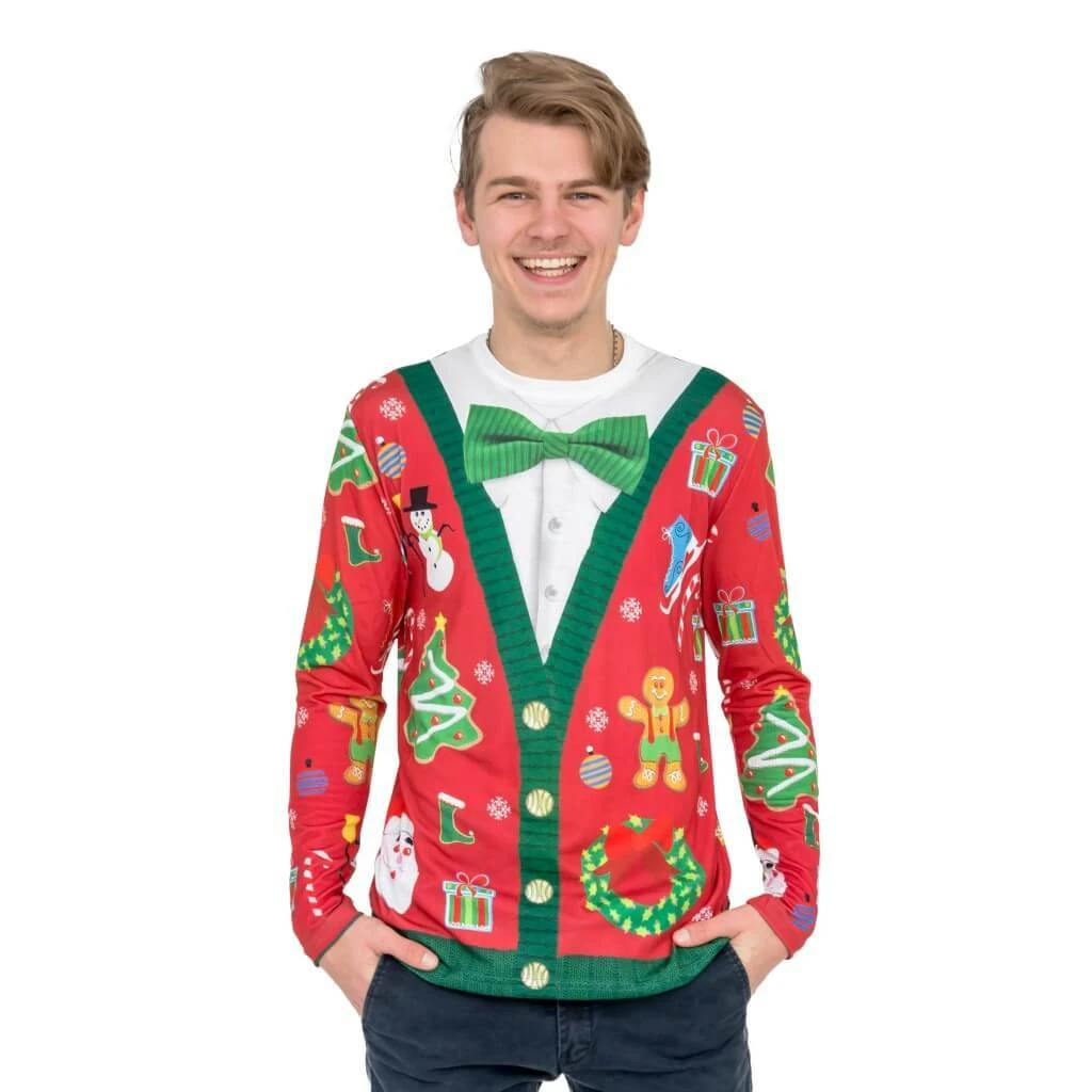 Costume Agent Christmas Cardigan With Bow Tie Ugly T-Shirt 1 Costume Agent Christmas Cardigan With Bow Tie Ugly T-Shirt