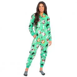 TVStoreOnline Christmas Cat Pajamas Cozy Fair Isle Union Suit Adult Green Jumpsuit