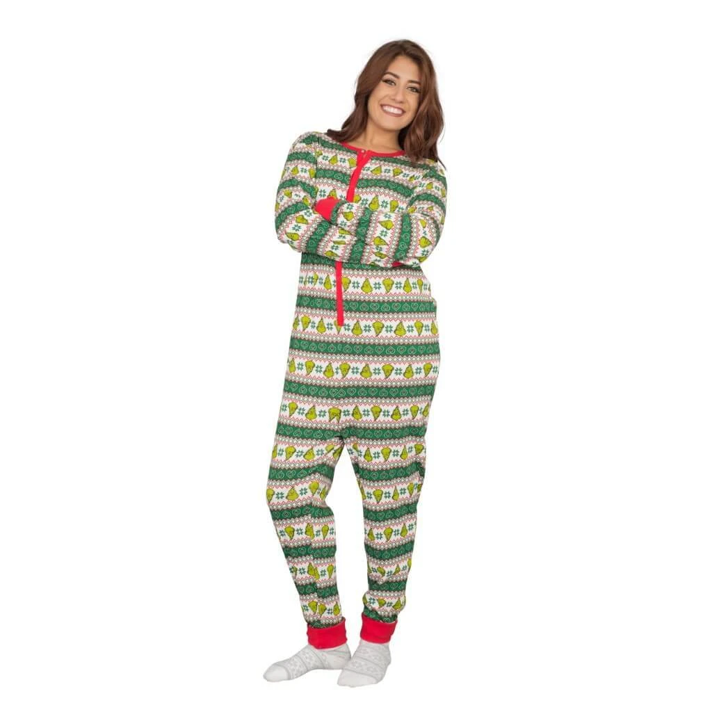 MJC Grinch Family Faces Christmas Adult Pajama Union Suit 1 MJC Grinch Family Faces Christmas Adult Pajama Union Suit