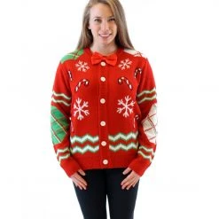 Costume Agent Sweaters & Sweatshirts Candy Canes Button Up Ugly Sweater With Bowtie