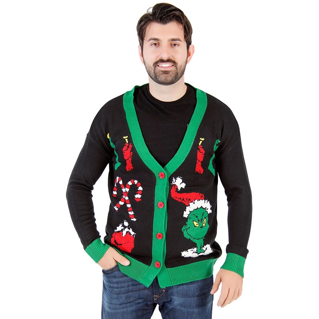 Junk Food Sweaters & Sweatshirts The Grinch Ugly Christmas Cardigan Sweater 1 Junk Food Sweaters & Sweatshirts The Grinch Ugly Christmas Cardigan Sweater
