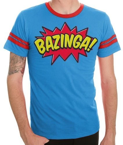 Ripple Junction Comic Book Type Bazinga Striped Sleeves Blue Adult T-shirt 1 Ripple Junction Comic Book Type Bazinga Striped Sleeves Blue Adult T-shirt